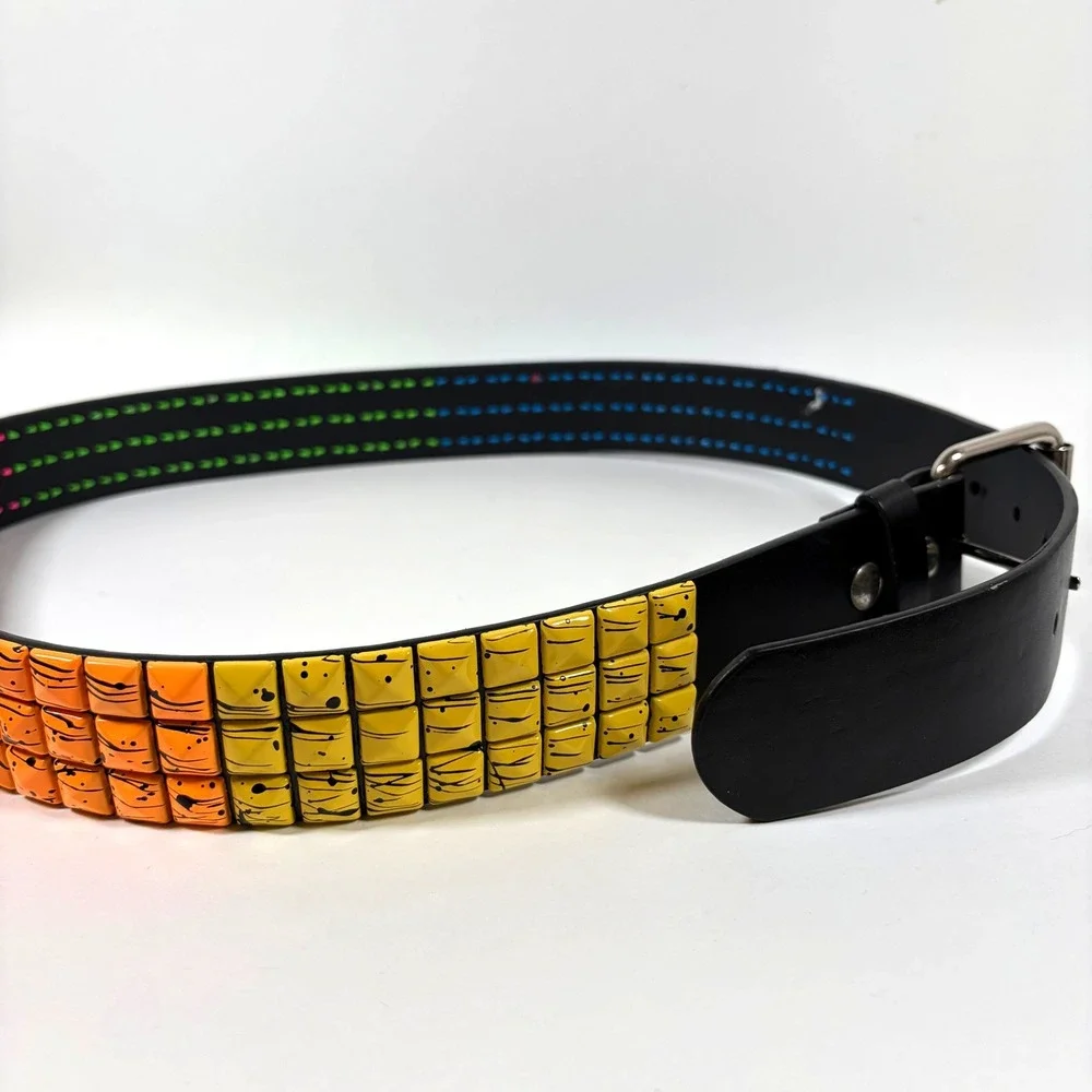 Y2K Neon Spiked Stud Belt 3 Row Splatter Punk Emo Scene Black Strap 38